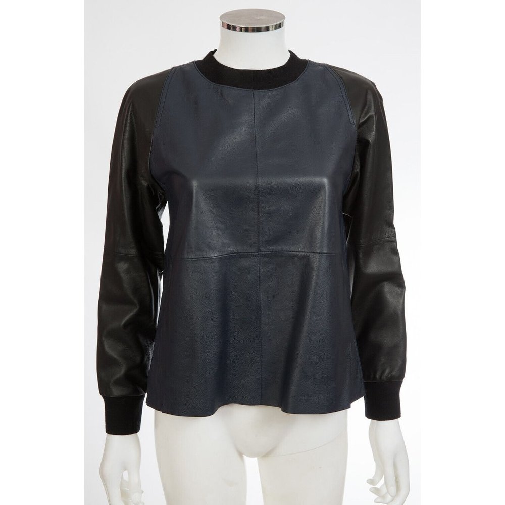 Vince Navy Black Lambskin Leather Long Sleeve Sweatshirt Shirt $695 sz XXS 4